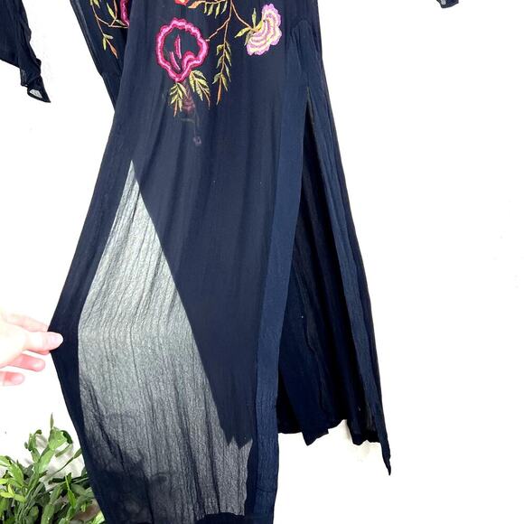 T Rose Floral Embroidered Duster Kimono Dress Black Pink Medium Sheer Ruffles - Picture 6 of 8
